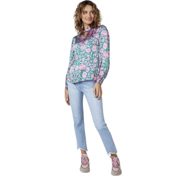 Esqualo Shimmer Rose Balloon Sleeve Keyhole Blouse Womens Size 12 NWT $98 - Picture 4 of 16